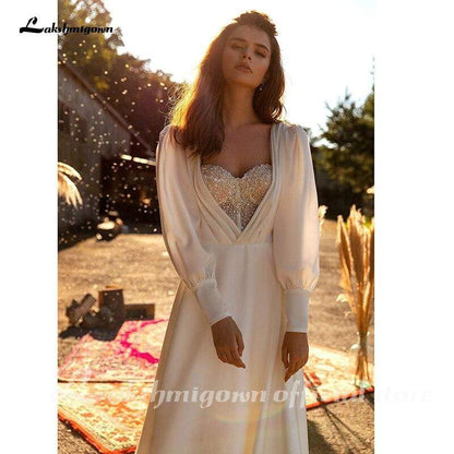 NumberSea Satin A line Wedding Dresses Long Sleeve Elegant