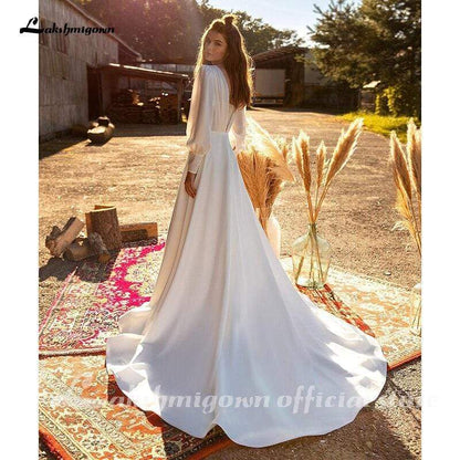 NumberSea Satin A line Wedding Dresses Long Sleeve Elegant