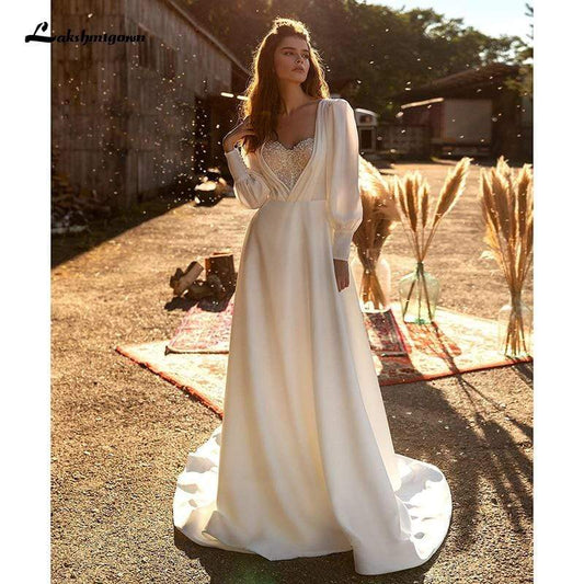 NumberSea Satin A line Wedding Dresses Long Sleeve Elegant