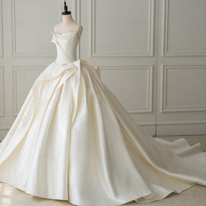 NumberSea Satin Ball Gown Wedding Dress With Pleat Simple Bridal Gowns