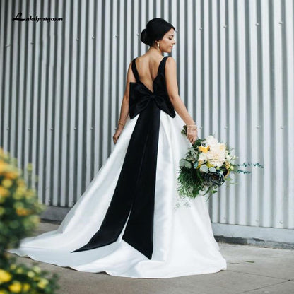 NumberSea Satin Black and White Ball Gown Wedding Dresses