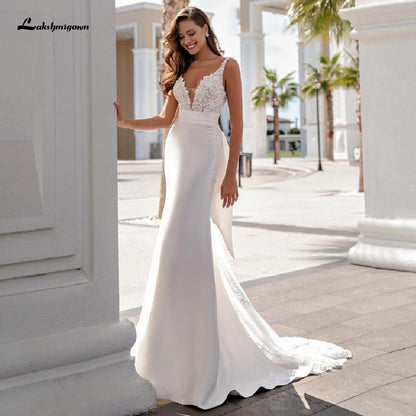 NumberSea Satin Mermaid Wedding Dress Bridal Dresses Long Train