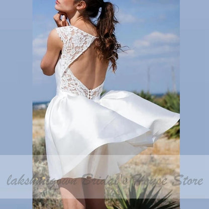 NumberSea Satin Short Wedding Dress Lace Neckline Sexy Bridal Gown