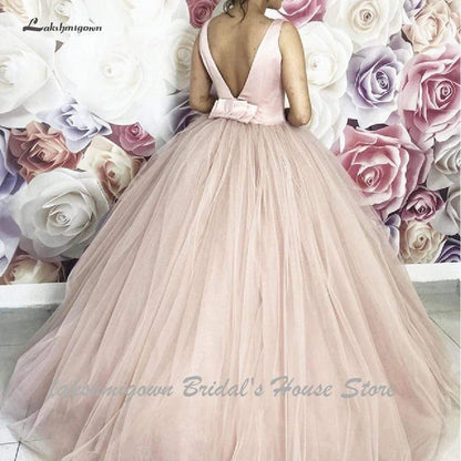 NumberSea Satin V-neck Tulle Ball Gown Wedding Dresses