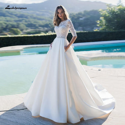 NumberSea Satin Wedding Dress Lace Half Sleeves A Line