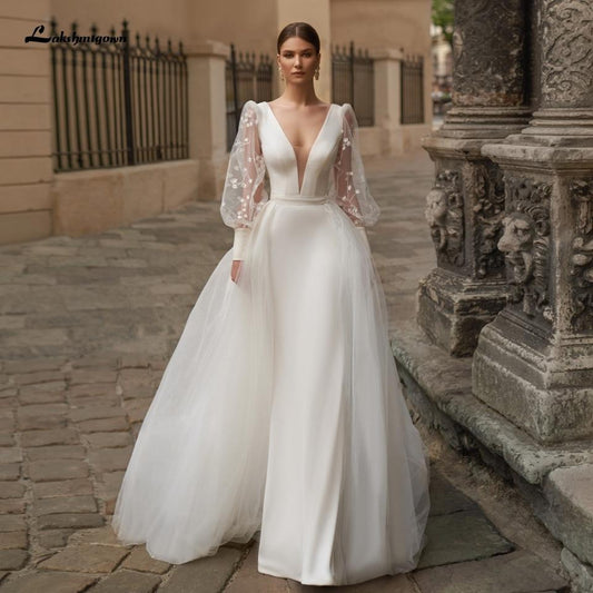 NumberSea Satin Wedding Dress Puffy Sleeves Sexy Birdal Princess