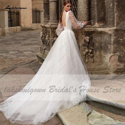 NumberSea Satin Wedding Dress Puffy Sleeves Sexy Birdal Princess