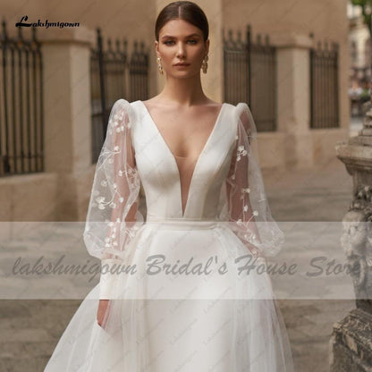 NumberSea Satin Wedding Dress Puffy Sleeves Sexy Birdal Princess