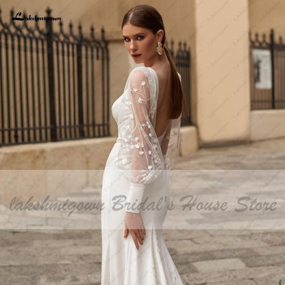 NumberSea Satin Wedding Dress Puffy Sleeves Sexy Birdal Princess