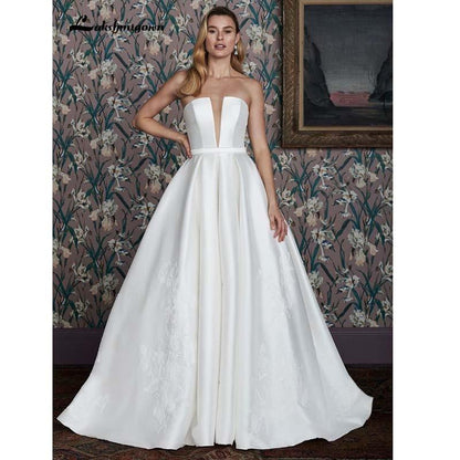 NumberSea Satin Wedding Dresses A Line Sweetheart Sweep Train Ruffles