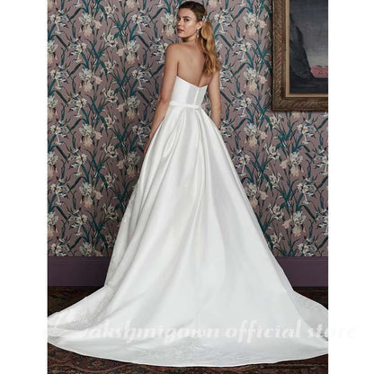 NumberSea Satin Wedding Dresses A Line Sweetheart Sweep Train Ruffles