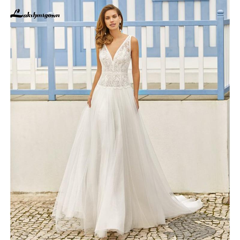 NumberSea Sexy Backless Deep v neck Bridal Gowns Summer Wedding Dress