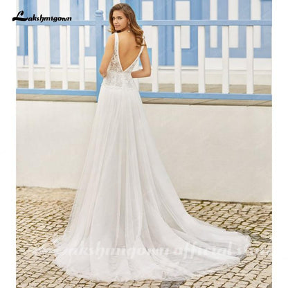 NumberSea Sexy Backless Deep v neck Bridal Gowns Summer Wedding Dress