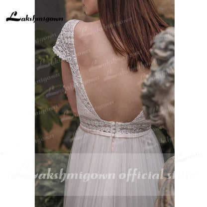 NumberSea Sexy Backless Lace V Shape Back Short Sleeve Wedding Dresses