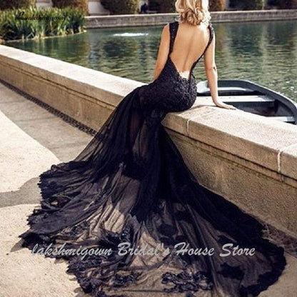 NumberSea Sexy Black Wedding Dress Lace Mermaid Backless