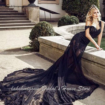 NumberSea Sexy Black Wedding Dress Lace Mermaid Backless