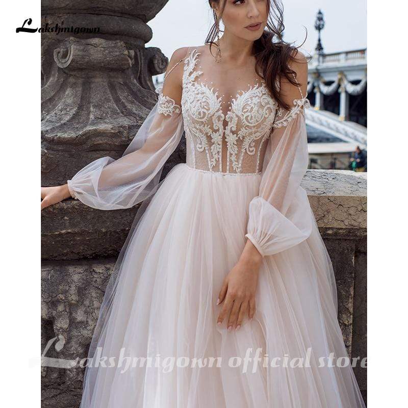 NumberSea Sexy Boho Pink Wedding Dresses Long Sleeves Buttons Back