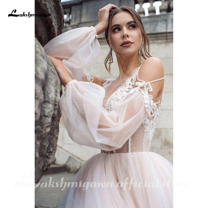 NumberSea Sexy Boho Pink Wedding Dresses Long Sleeves Buttons Back