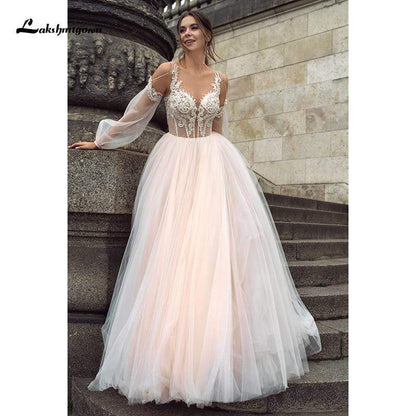 NumberSea Sexy Boho Rosa Brautkleider Lange Ärmel Knöpfe Zurück