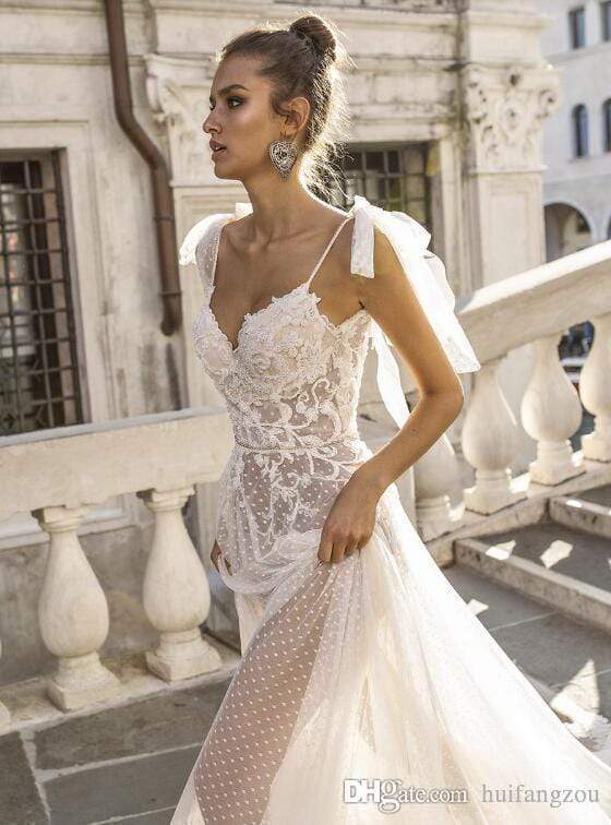 NumberSea Sexy Boho Wedding Dresses Spaghetti Straps Illusion Lace Backless