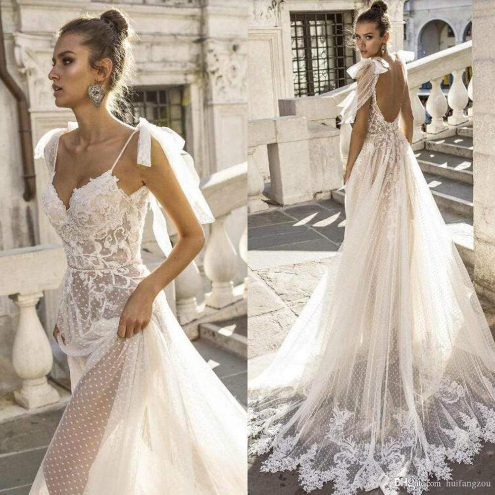 NumberSea Sexy Boho Wedding Dresses Spaghetti Straps Illusion Lace Backless