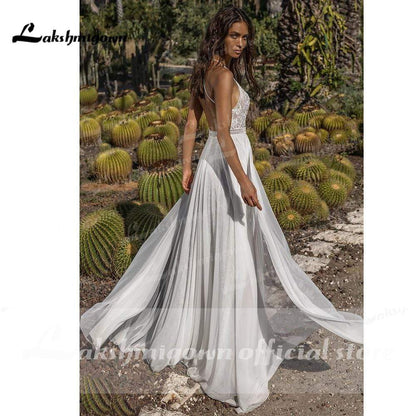 NumberSea Sexy Brautkleider aus Spitze und Chiffon mit tiefem V-Ausschnitt und hohem Schlitz