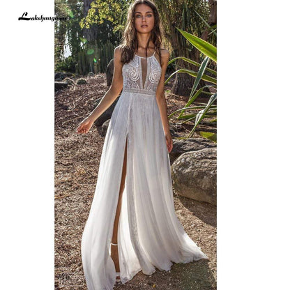 NumberSea Sexy Deep V Neck  Lace Chiffon high Split Wedding Dresses