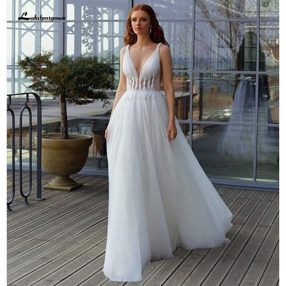 NumberSea Sexy Deep V Neck Open Back fairy Tulle Wedding Dresses