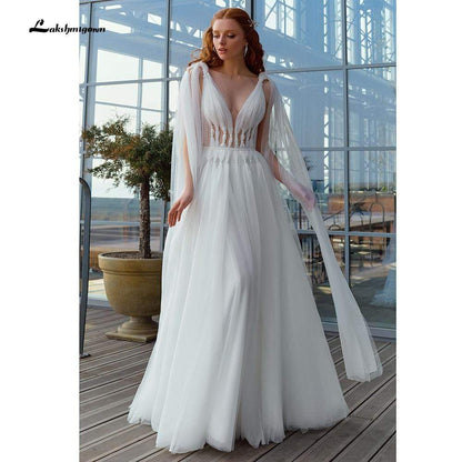 NumberSea Sexy Deep V Neck Open Back fairy Tulle Wedding Dresses