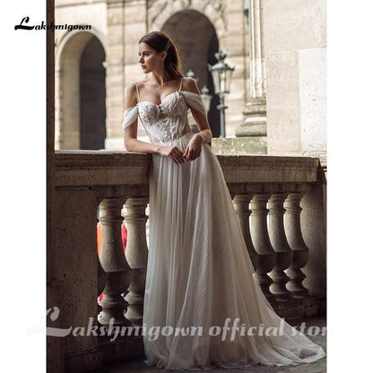 NumberSea Sexy Lace Tulle Beach Wedding Dress Boho Off Shoulder