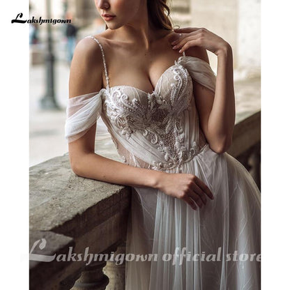 NumberSea Sexy Lace Tulle Beach Wedding Dress Boho Off Shoulder