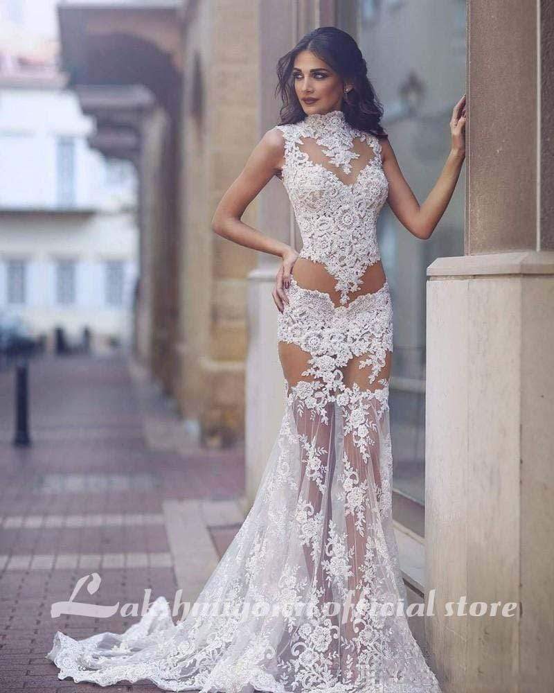 NumberSea Sexy Transparent Wedding Dresses High Neck Mermaid Lace