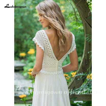 NumberSea Sexy V Neck Chiffon Beach Wedding Dresses Lace Court Train