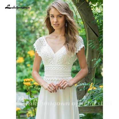 NumberSea Sexy V Neck Chiffon Beach Wedding Dresses Lace Court Train