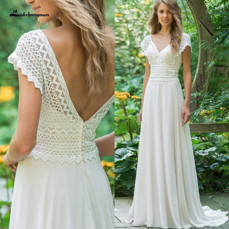 NumberSea Sexy V Neck Chiffon Beach Wedding Dresses Lace Court Train