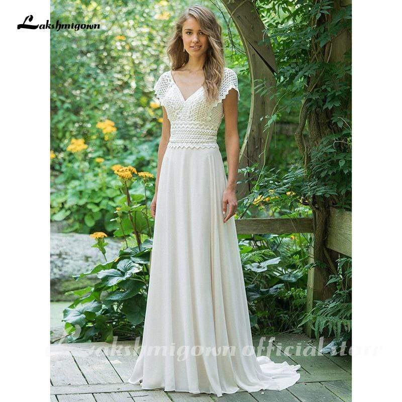 NumberSea Sexy V-Ausschnitt Chiffon Strand Brautkleider Spitze Hofschleppe