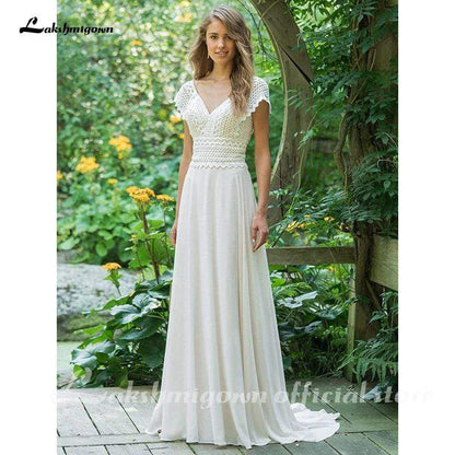 NumberSea Sexy V Neck Chiffon Beach Wedding Dresses Lace Court Train