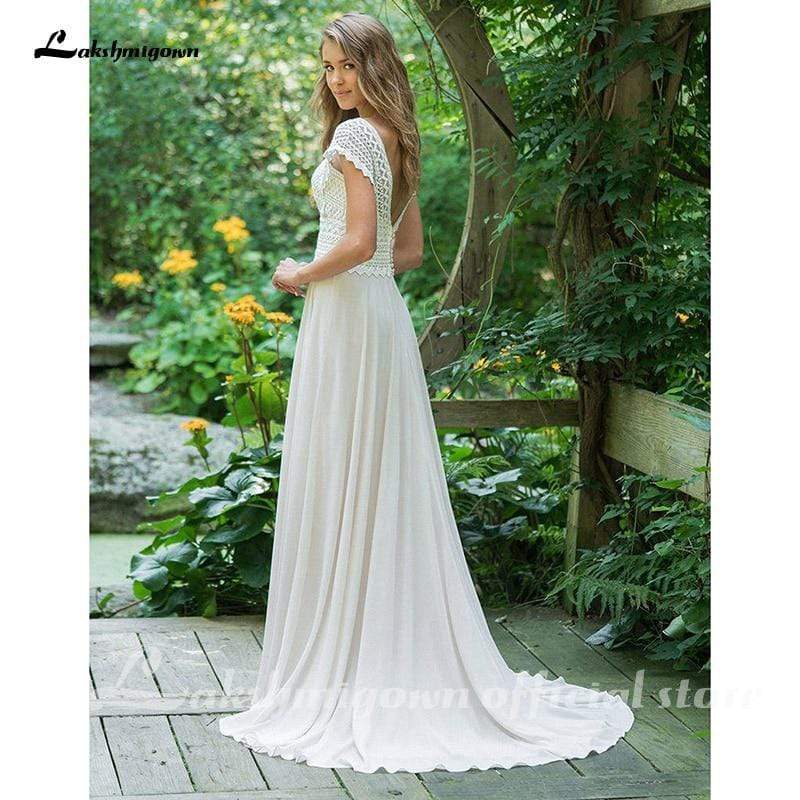 NumberSea Sexy V Neck Chiffon Beach Wedding Dresses Lace Court Train