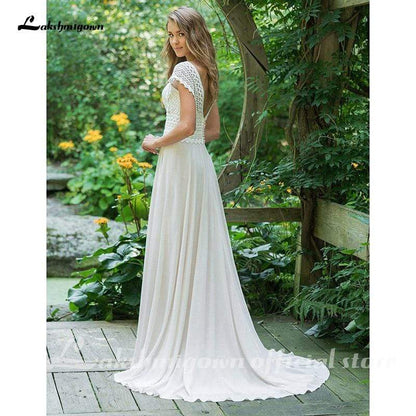 NumberSea Sexy V Neck Chiffon Beach Wedding Dresses Lace Court Train