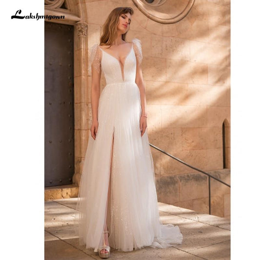 NumberSea Sexy V Neck Lace Top Tulle Backless Boho Wedding Dresses