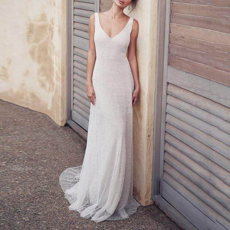 NumberSea Sexy V Neck Pure Color Backless mermaid Wedding Dress