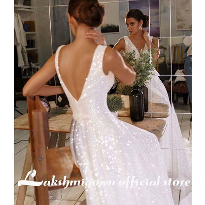 NumberSea Sexy V-Neck shiny tulle Wedding Dresses Beaded Sexy Backless Beautiful Long Women Wedding Wear Custom Vestidos De Mariee