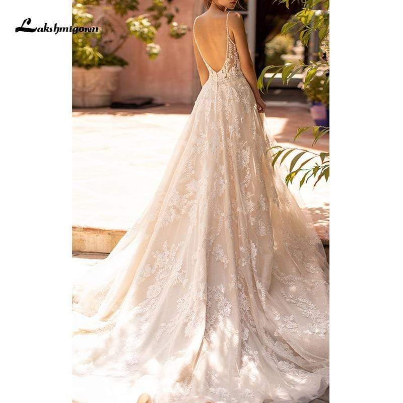 NumberSea Sexy V Neck Spaghetti Strap Backless A-Line Wedding Dress