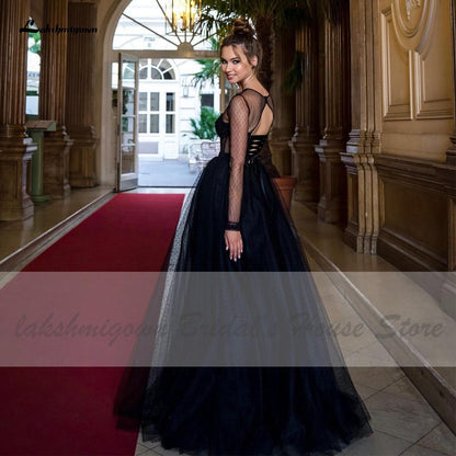 NumberSea Sheer Illusion Gothic Black Wedding Dress Long Bridal