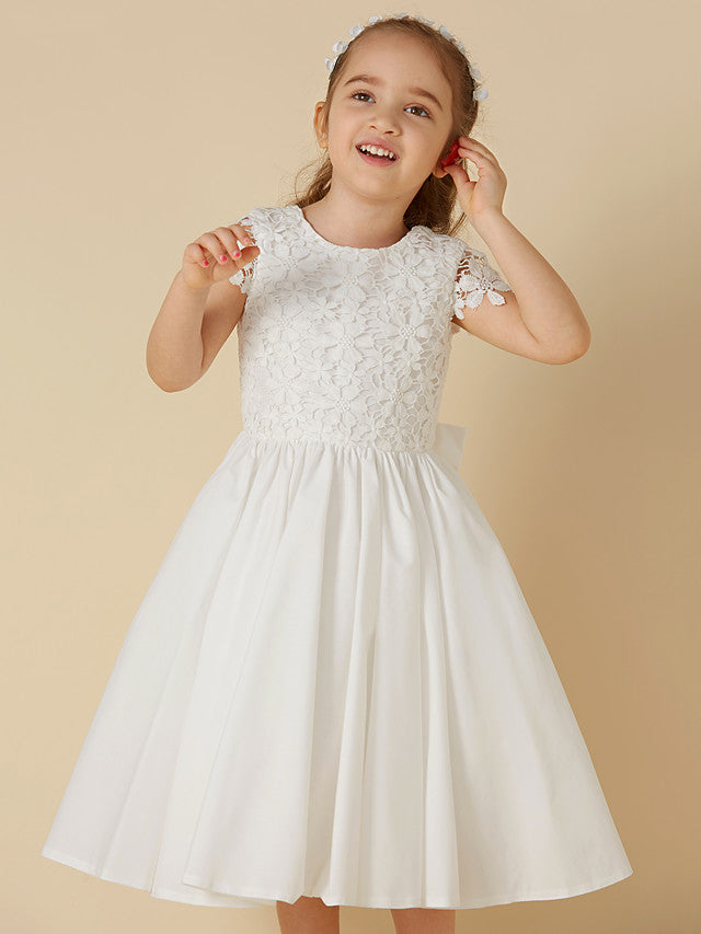 Short A-Line Lace Scoop Neck Wedding First Communion Flower Girl Dresses with Sleeves