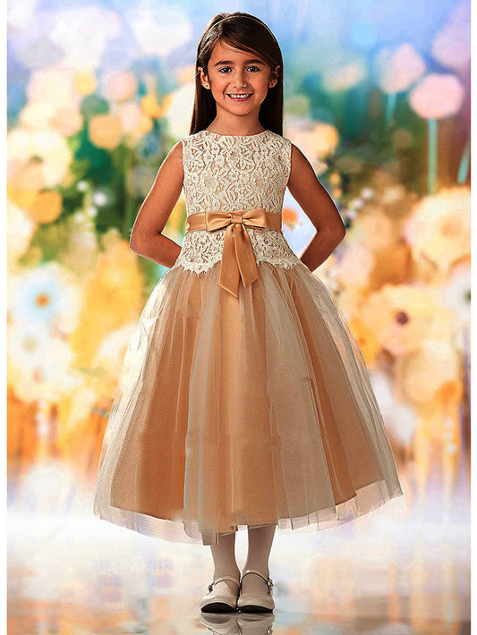 Short A-Line Lace Tulle Sleeveless Jewel Neck Wedding Party Flower Girl Dresses