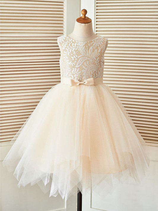 Short A-Line Lace Tulle Sleeveless Scoop Neck Pageant Flower Girl Dresses