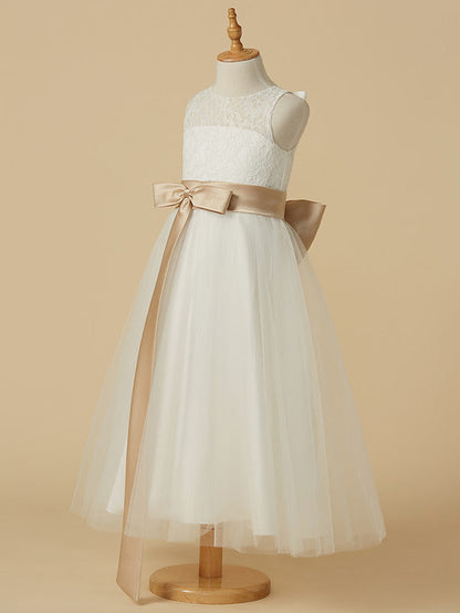 Short A-Line Tulle Jewel Neck Wedding First Communion Flower Girl Dresse