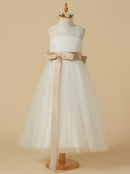 Short A-Line Tulle Jewel Neck Wedding First Communion Flower Girl Dresse