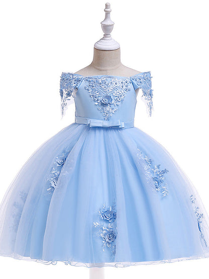 Short A-Line Tulle Off The Shoulder Wedding Birthday Pageant Flower Girl Dresses with Sleeves